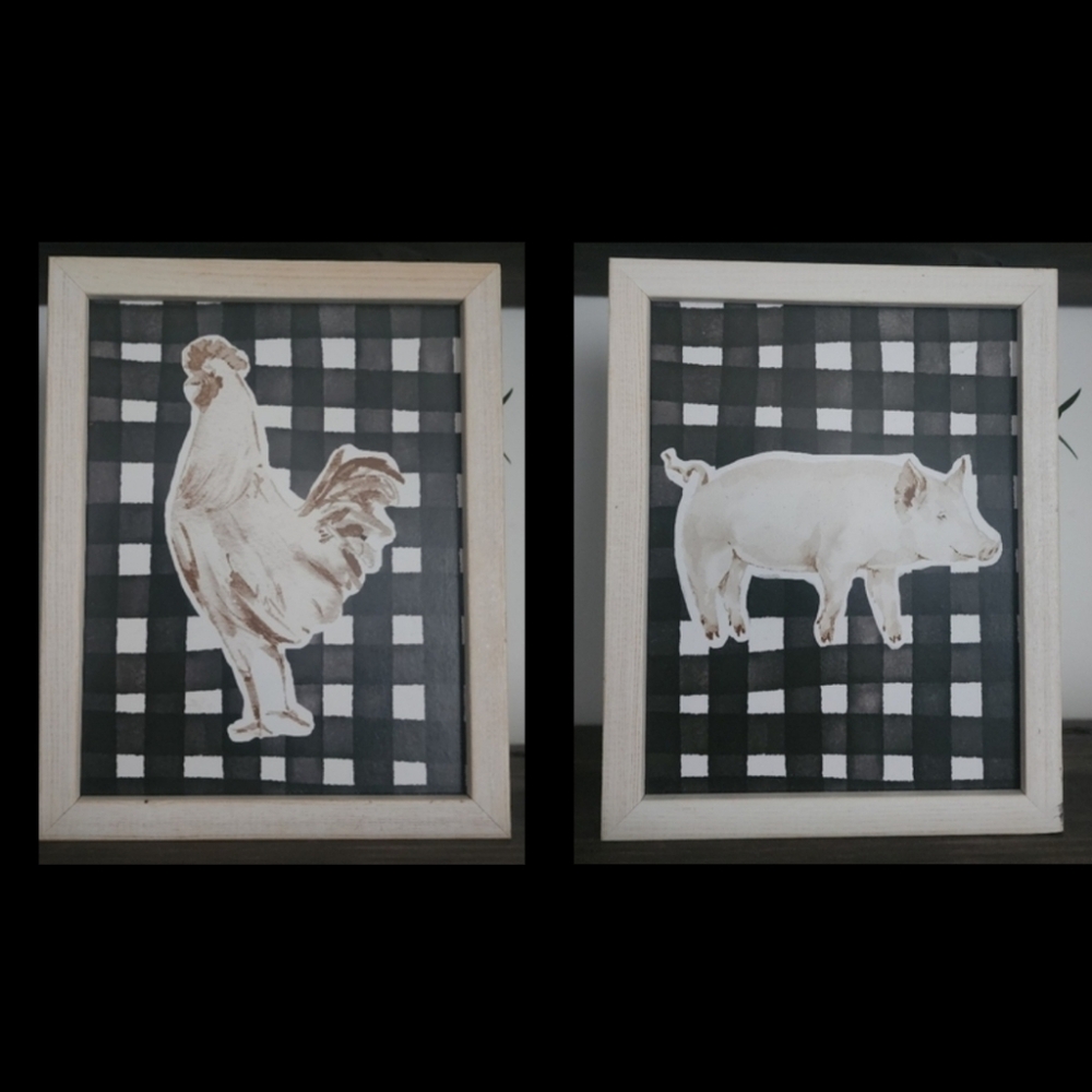 Framed Pig, Rooster Wall Art on Buffalo Plaid